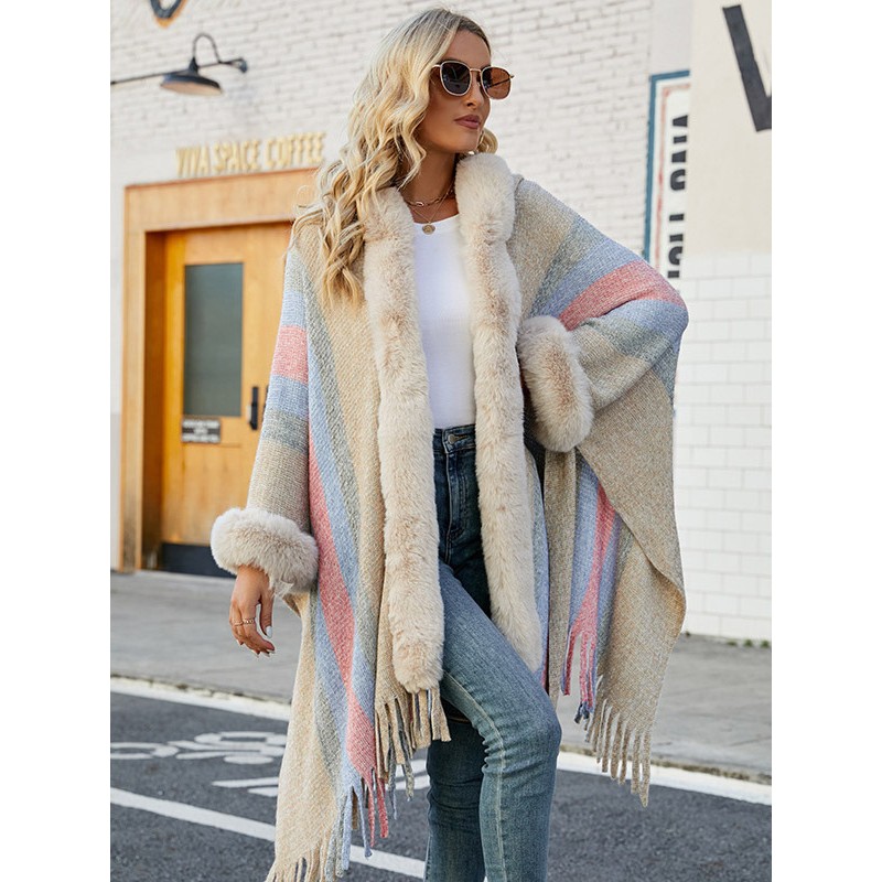 Women Poncho Stripes Hooded Khaki Poncho Oversized Fringe Cape Poncho  Cape Fall Winter