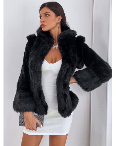 Faux Fur Coats Stand Collar Black Winter Outerwear For Women Classic  Traditional Casual Street Wear Field