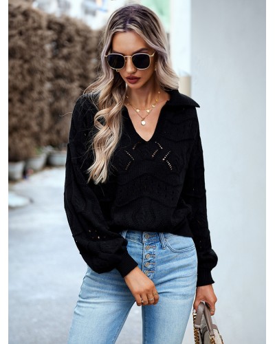 Women Pullover Tops Black Turndown Collar Long Sleeves Sweaters Casual Street Wear Daily Casual