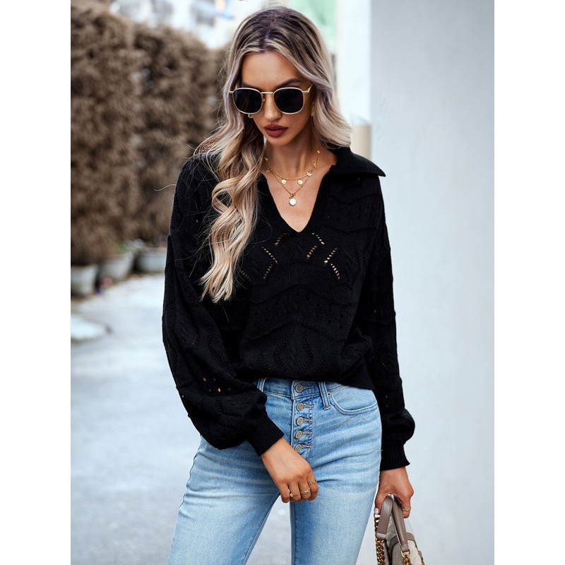 Women Pullover Tops Black Turndown Collar Long Sleeves Sweaters Casual Street Wear Daily Casual