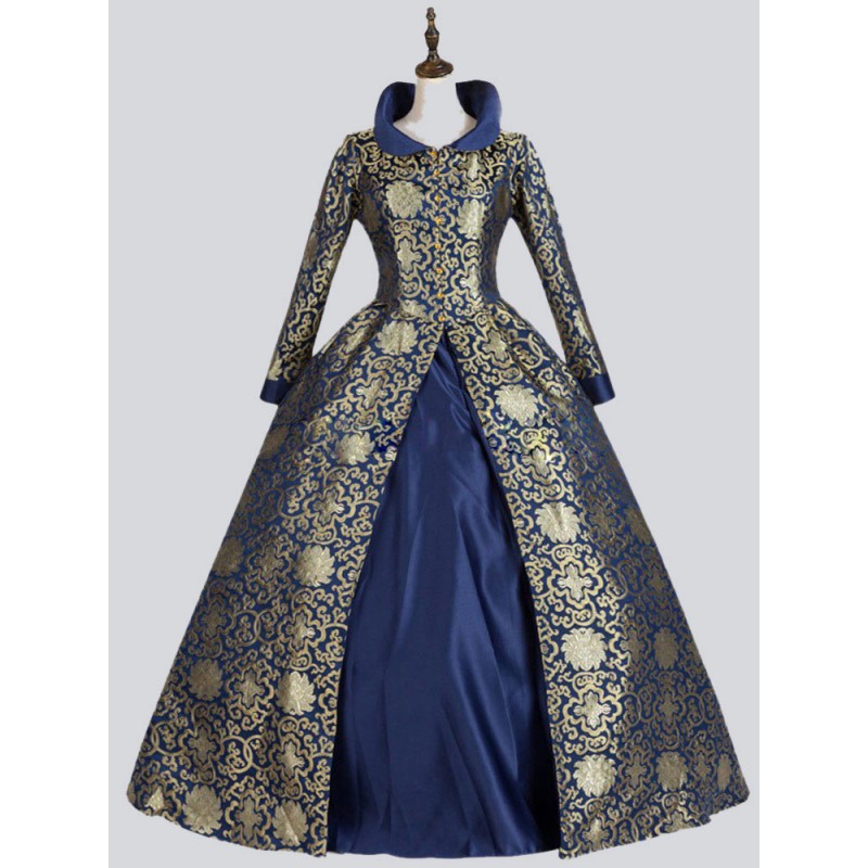 Women Blue Costumes Polyester Floral Print Dress 's Marie Antoinette Costume Vintage Clothing Tunic Retro