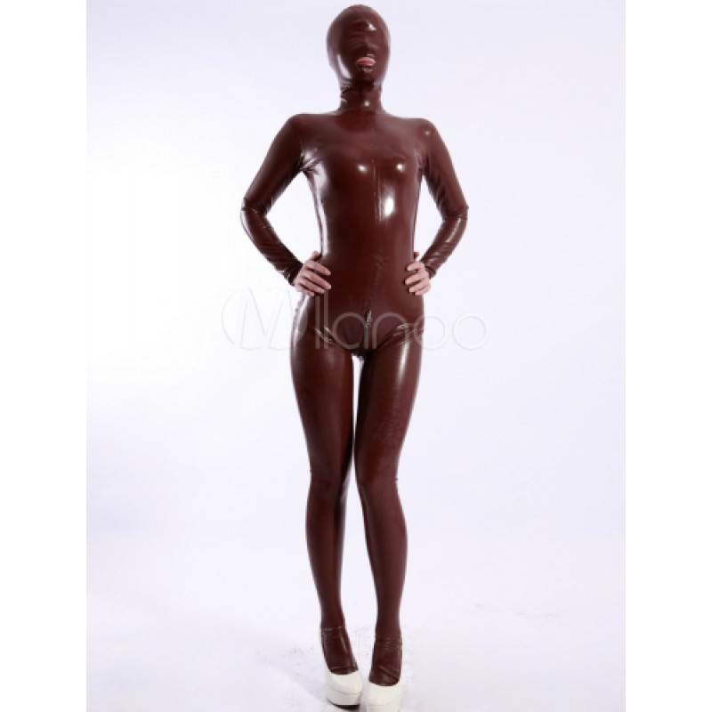 Shaping Coffee Open Mouth Women's Latex Catsuit Bodysuit