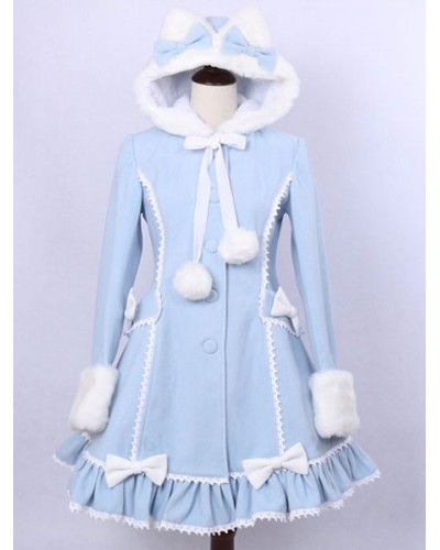 Hooded Lolita Coat Ruffles Pom Poms Wool Overcoat Bows Long Sleeve Winter Cute Lolita Outwear Sweet