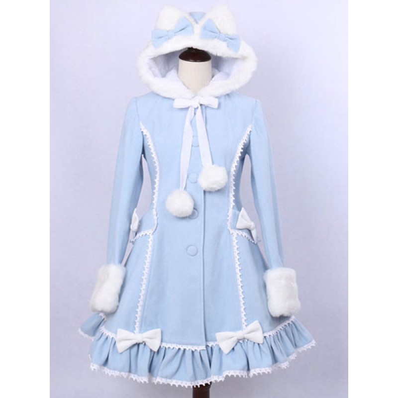 Hooded Lolita Coat Ruffles Pom Poms Wool Overcoat Bows Long Sleeve Winter Cute Lolita Outwear Sweet