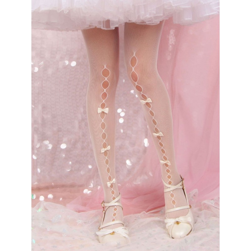 White Lolita Tights Cut Out Bows Pantyhose Velvet Lolita Accessories Daily Casual Tea Party