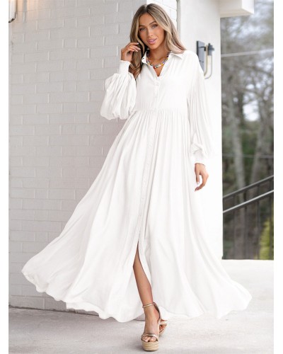 Dress White Turndown Collar Long Sleeves Oversized Shirt Dress Maxi Street Wear Daily Casual Resort Wear