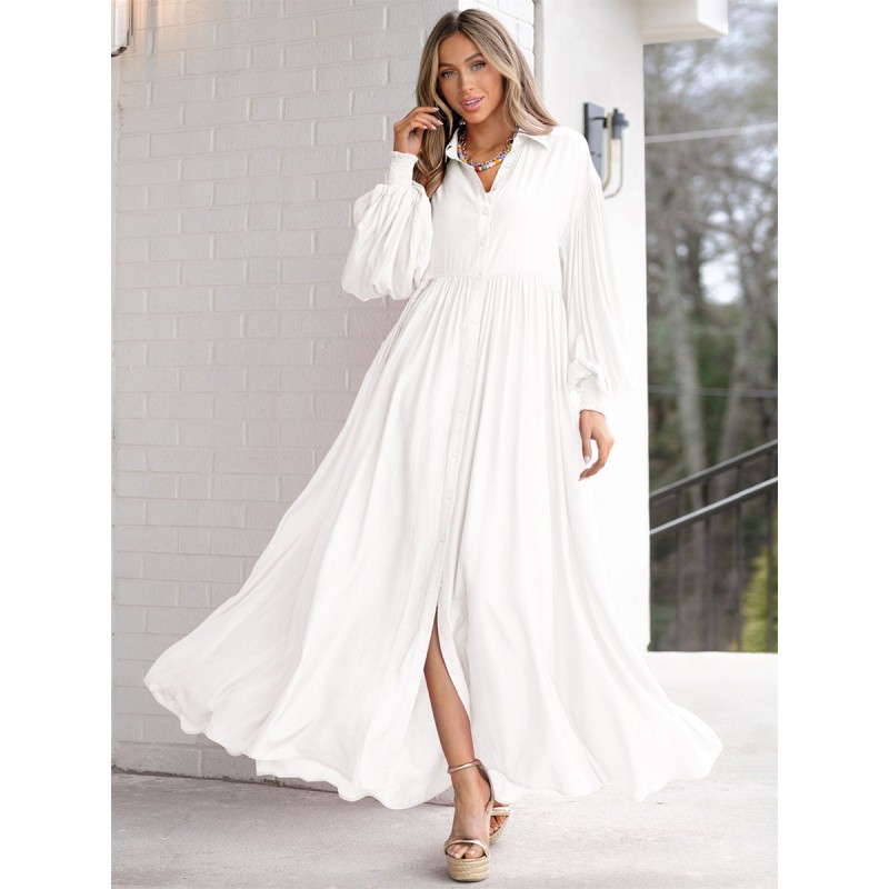 Dress White Turndown Collar Long Sleeves Oversized Shirt Dress Maxi Street Wear Daily Casual Resort Wear