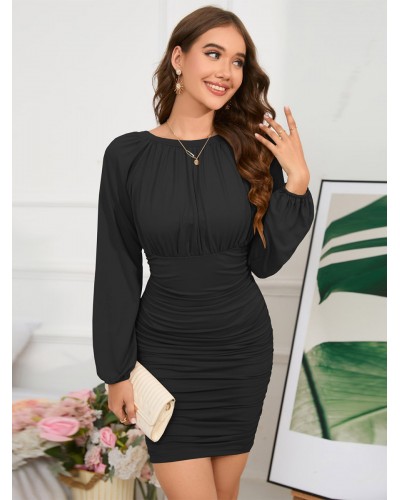 Dresses Black Long Sleeves Lace Up Sexy Jewel Neck Layered Midi Dress Sheath Dress Bodycon Spring Fall