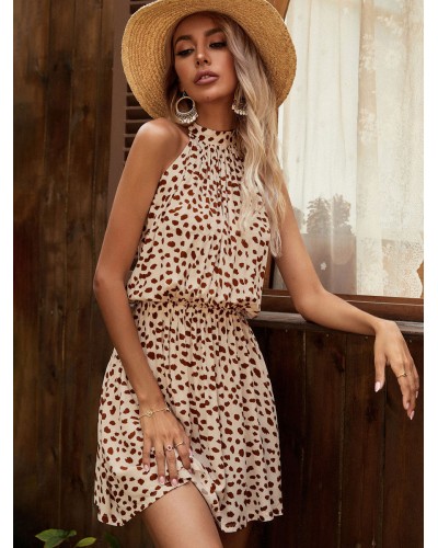 Women Dress Apricot Jewel Neck Sleeveless Lace Up Printed Midi Beach Dress Summer