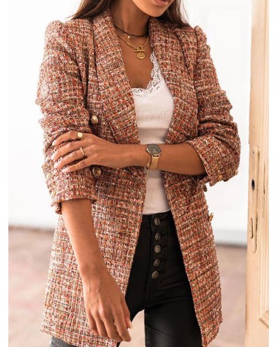 Women Blazer Jacket Coffee Brown Stripe Plaid Turndown Collar Double Breasted Slim Fit Spring Fall Street Outerwear Classic  Traditional Field Office  Career