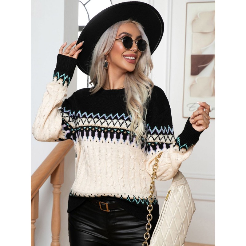 Women Pullovers Ecru White Geometric Jewel Neck Long Sleeves Acrylic Sweaters Casual Fall Winter