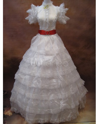 White Retro Costume Women's Rococo Ball Gown Ruffle Tiered Organza Royal Maxi Vintage Costume Dress With Ribbon Sash ROCOCO Halloween Holiday Pageant