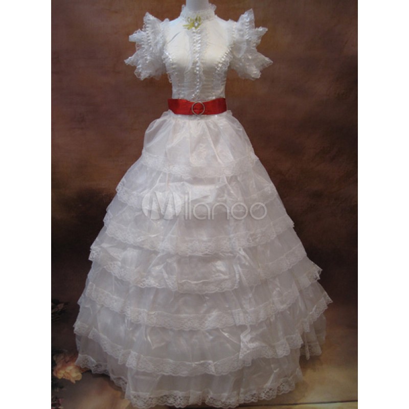 White Retro Costume Women's Rococo Ball Gown Ruffle Tiered Organza Royal Maxi Vintage Costume Dress With Ribbon Sash ROCOCO Halloween Holiday Pageant