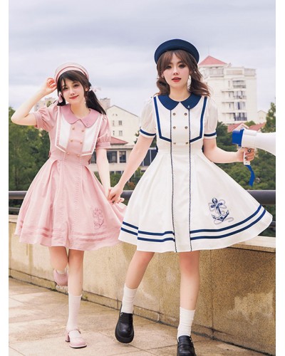 Sweet Lolita Dress Polyester Short Sleeves Embroidered Dress Navy Style Lolita Dress