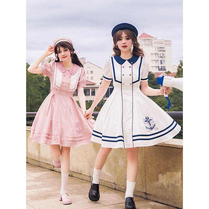 Sweet Lolita Dress Polyester Short Sleeves Embroidered Dress Navy Style Lolita Dress