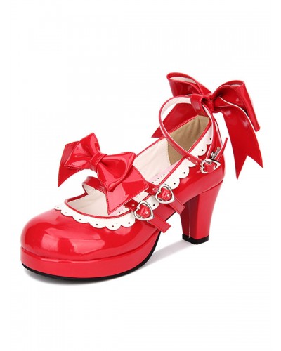 Sweet Lolita Shoes Red Bow Strappy Patent Red Lolita Pumps Daily Casual Tea Party