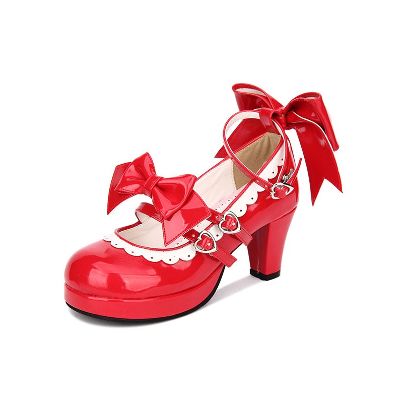 Sweet Lolita Shoes Red Bow Strappy Patent Red Lolita Pumps Daily Casual Tea Party