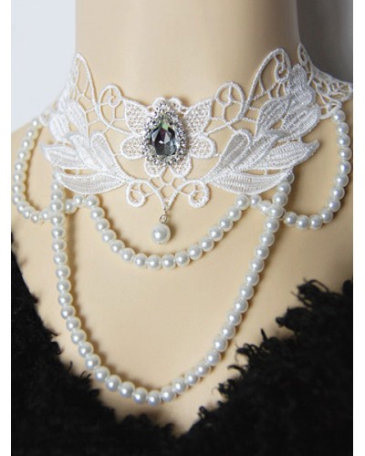 Classic Lolita Necklace Lace Jewel Pearl Beading White Lolita Statement Necklace Classic  Traditional