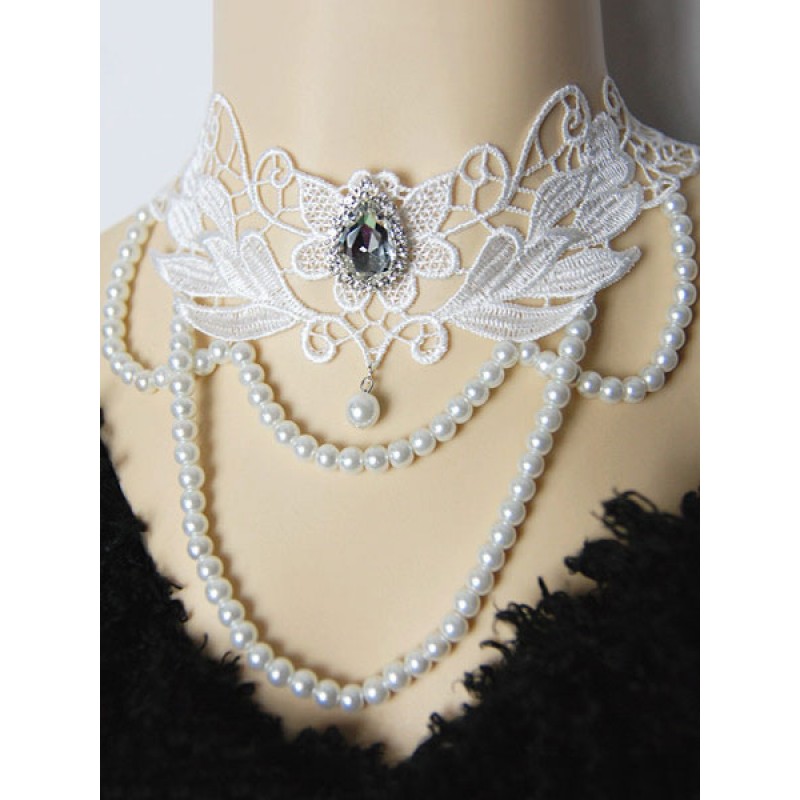 Classic Lolita Necklace Lace Jewel Pearl Beading White Lolita Statement Necklace Classic  Traditional