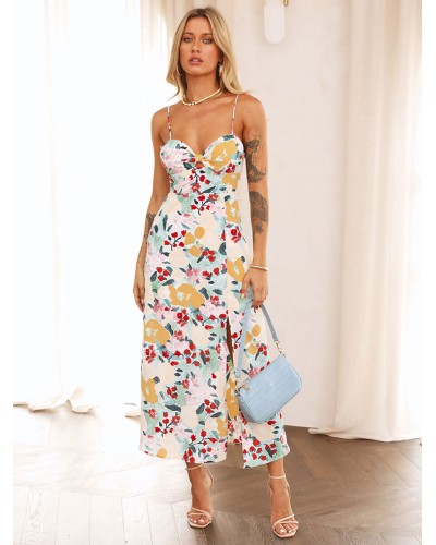 Floral Dresses Sleeveless Straps Neck Chic Backless Spaghetti Straps Split Front Backless Long Dress Maxi Summer