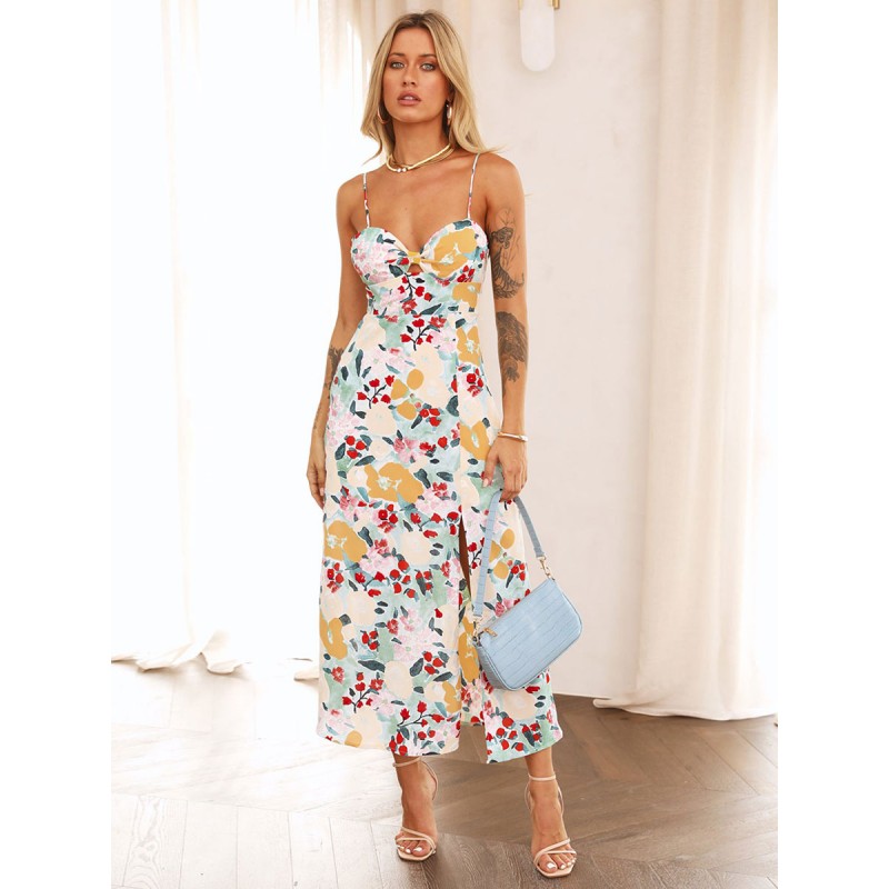 Floral Dresses Sleeveless Straps Neck Chic Backless Spaghetti Straps Split Front Backless Long Dress Maxi Summer