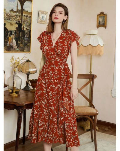 Floral Print Ruffles Casual V-Neck Short Sleeves Midi Dress Sweet Dating