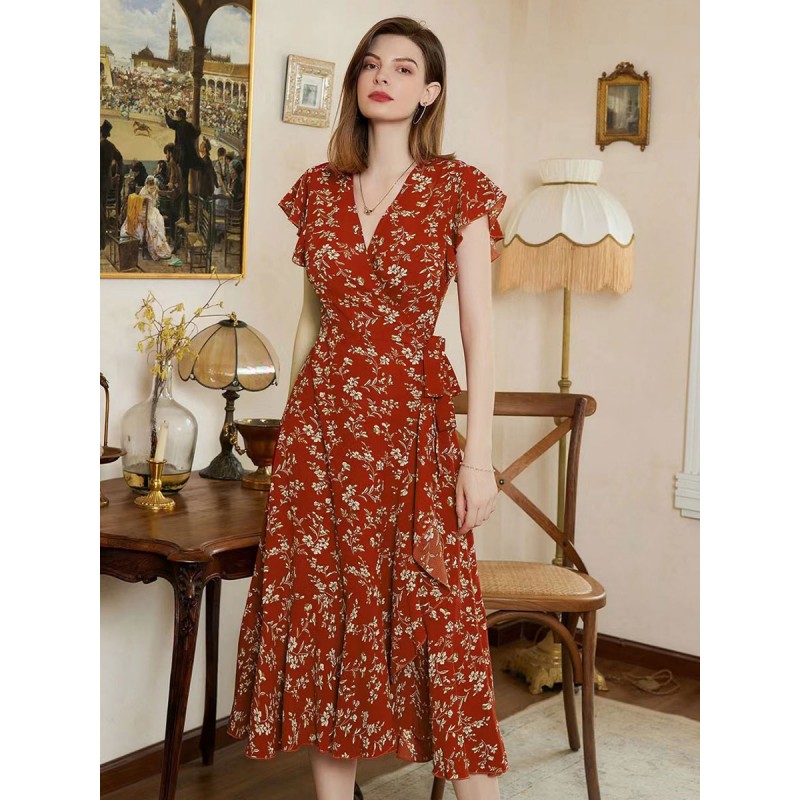 Floral Print Ruffles Casual V-Neck Short Sleeves Midi Dress Sweet Dating