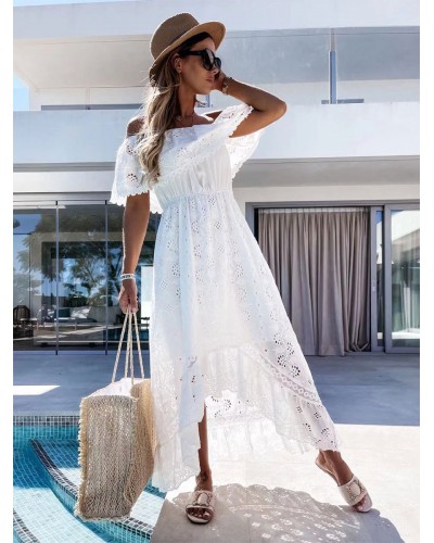 Lace Sexy Bateau Neck Short Sleeves Lace Dresses Bohemian Beach Resort Wear