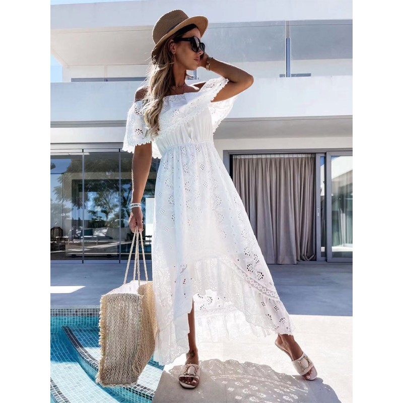 Lace Sexy Bateau Neck Short Sleeves Lace Dresses Bohemian Beach Resort Wear