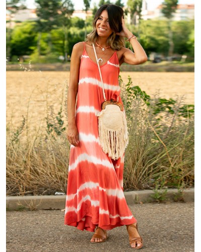 Dresses Sleeveless Red Tie Dye Straps Neck Pleated Open Shoulder Floor Length Dress Maxi Beach Resort Wear