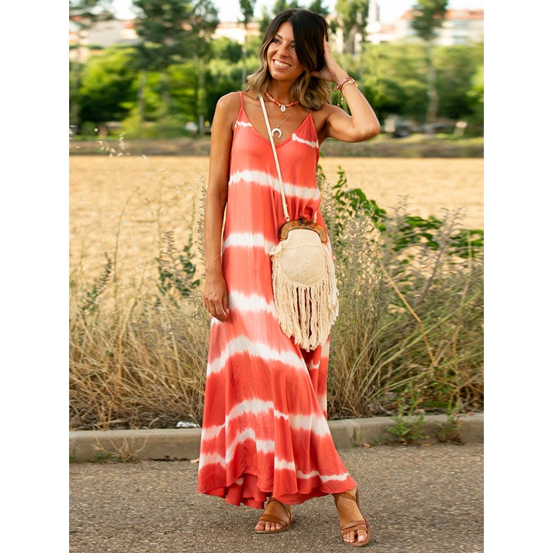 Dresses Sleeveless Red Tie Dye Straps Neck Pleated Open Shoulder Floor Length Dress Maxi Beach Resort Wear