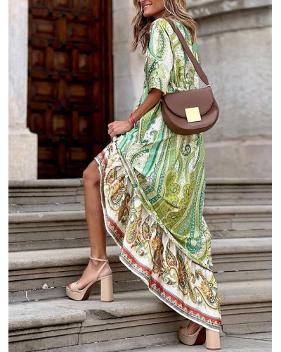 Dress V-Neck Half Sleeves Tatting Casual Printed Floor Length Dress Maxi Resort Wear