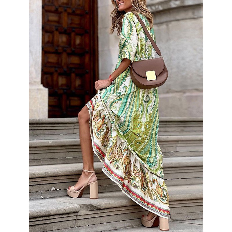 Dress V-Neck Half Sleeves Tatting Casual Printed Floor Length Dress Maxi Resort Wear