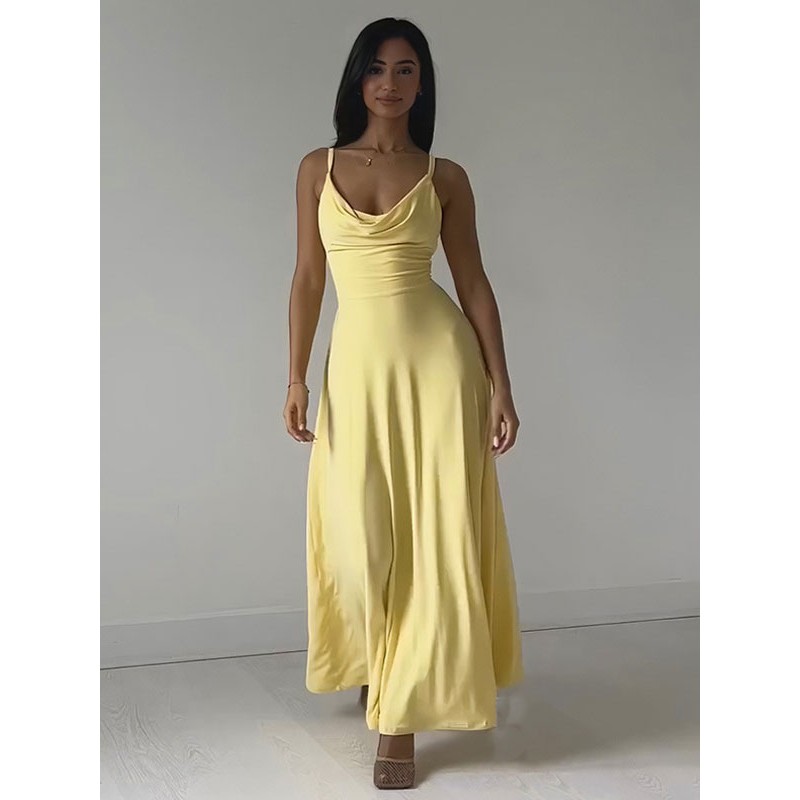 Summer Dress Straps Neck Lace Up Open Shoulder Yellow Long Beach Dress Bodycon Daily Casual Dating Resort Wear