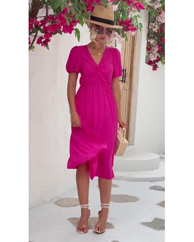 Pleated Casual V-Neck Short Sleeves Midi Dress Classic  Traditional Daily Casual