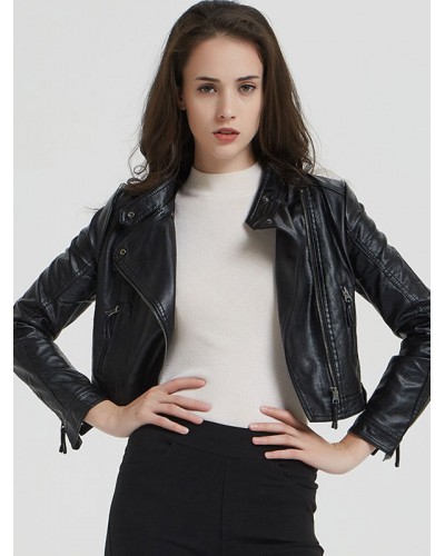 PU Leather Moto Jacket Stand Collar Spring Outerwear For Women Casual Boyfriend