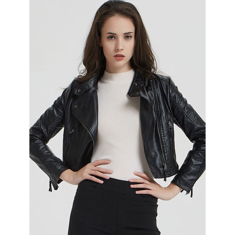 PU Leather Moto Jacket Stand Collar Spring Outerwear For Women Casual Boyfriend