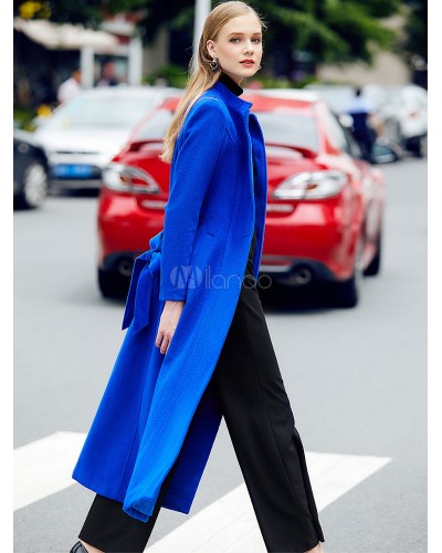 Blue Winter Overcoat Women Long Woolen Outerwear Elegant