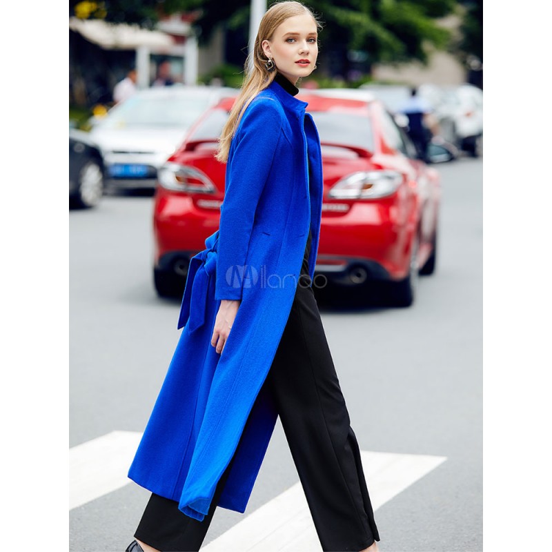 Blue Winter Overcoat Women Long Woolen Outerwear Elegant