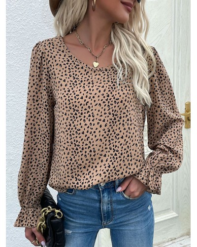 Blouse For Women Khaki Jewel Neck Stretch Leopard Print Pleated Long Sleeves T Shirt Casual Street Wear Indoor Field