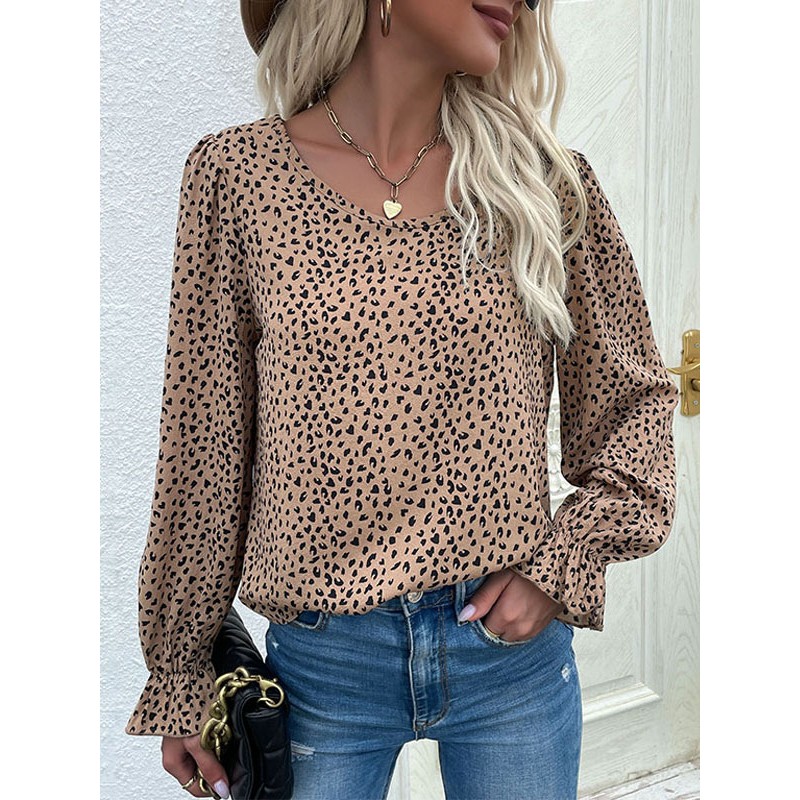 Blouse For Women Khaki Jewel Neck Stretch Leopard Print Pleated Long Sleeves T Shirt Casual Street Wear Indoor Field