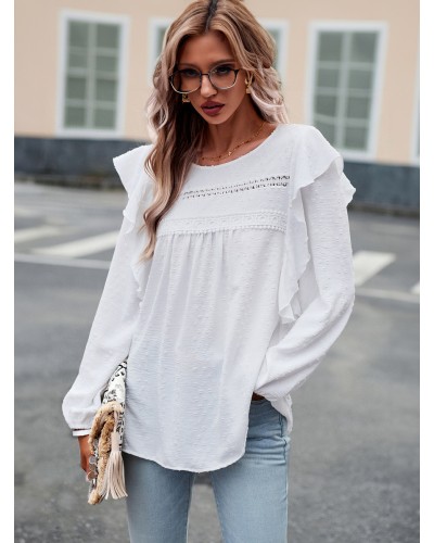 Long Sleeves Tees White Polyester Ruffles Jewel Neck Tee Shirt For Women Casual Daily Casual Office  Career