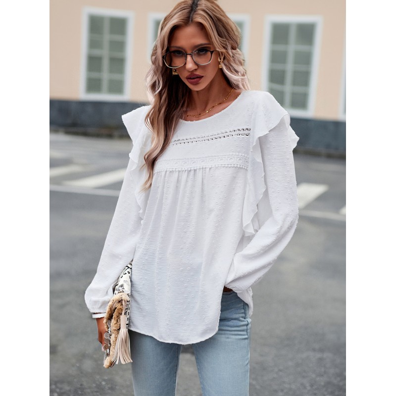 Long Sleeves Tees White Polyester Ruffles Jewel Neck Tee Shirt For Women Casual Daily Casual Office  Career