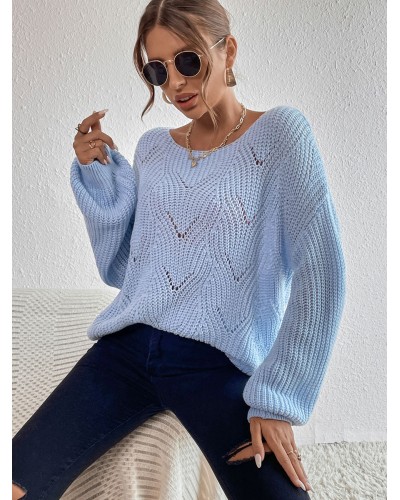 Women Pullovers Light Sky Blue Jewel Neck Long Sleeves Cotton Sweaters Casual Spring Fall Winter