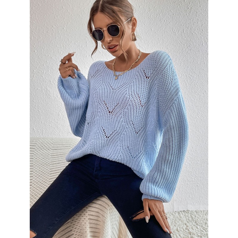 Women Pullovers Light Sky Blue Jewel Neck Long Sleeves Cotton Sweaters Casual Spring Fall Winter