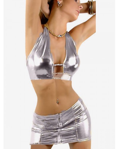 Women Halloween Silver Sexy Shiny Metallic Two Pieces Suit