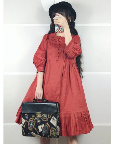 Classic Lolita OP Dress Frill Button Linen Lolita One Piece Dress Classic  Traditional Spring Fall Daily Casual Tea Party