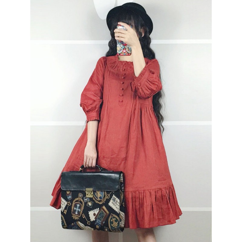 Classic Lolita OP Dress Frill Button Linen Lolita One Piece Dress Classic  Traditional Spring Fall Daily Casual Tea Party