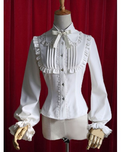 White Lolita Blouse Bow Ruched Cotton Blouse For Women