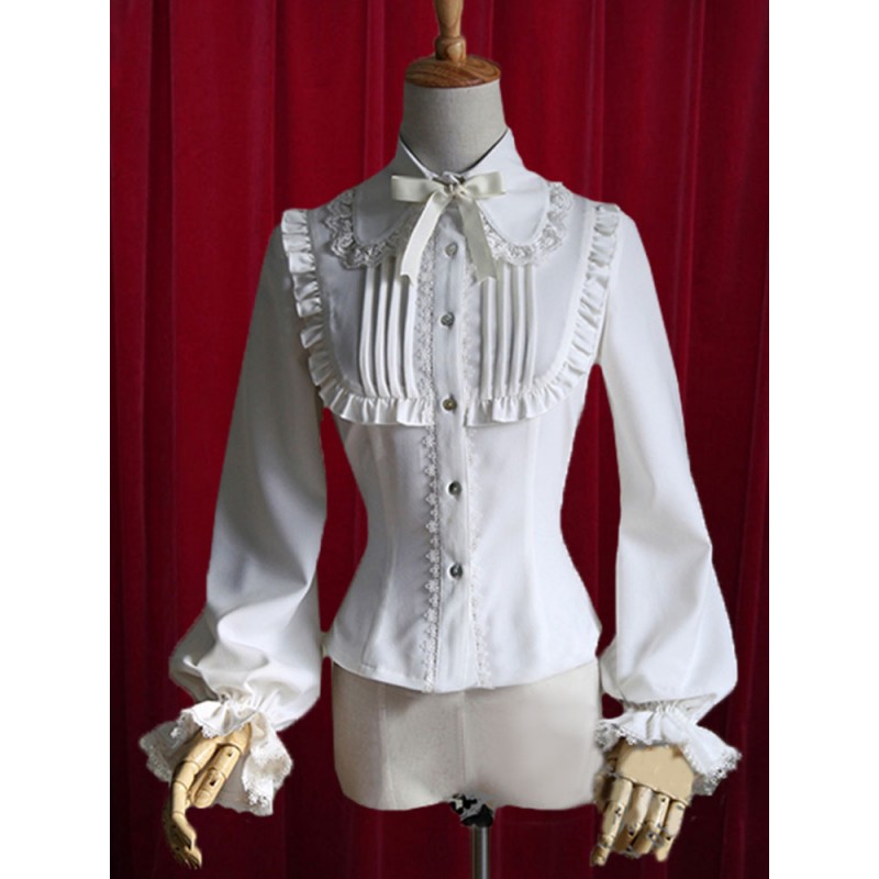 White Lolita Blouse Bow Ruched Cotton Blouse For Women